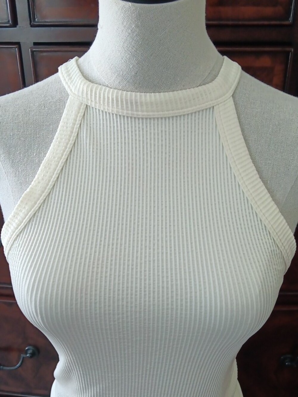 Petite Women Ribbed Halter Tank Top in Cream - Picture 2 of 6